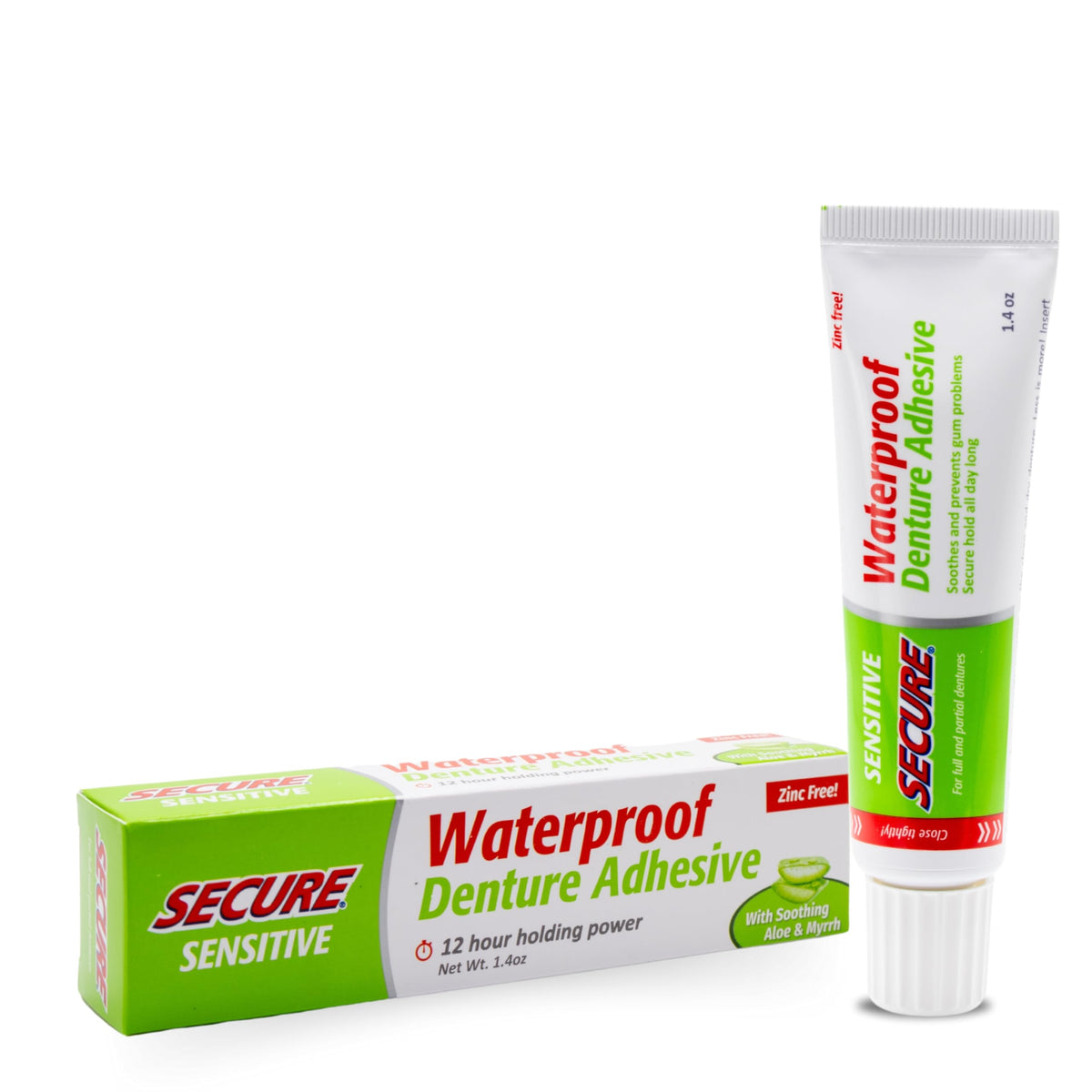 Secure denture adhesive aloe vera tube close-up showing soothing comfort
