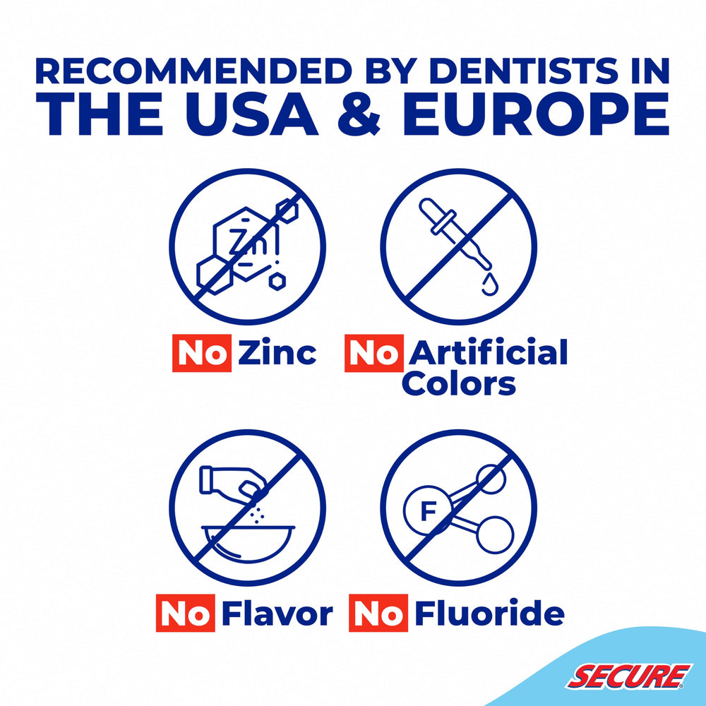 Secure denture adhesive cream tube shown for easy daily application.