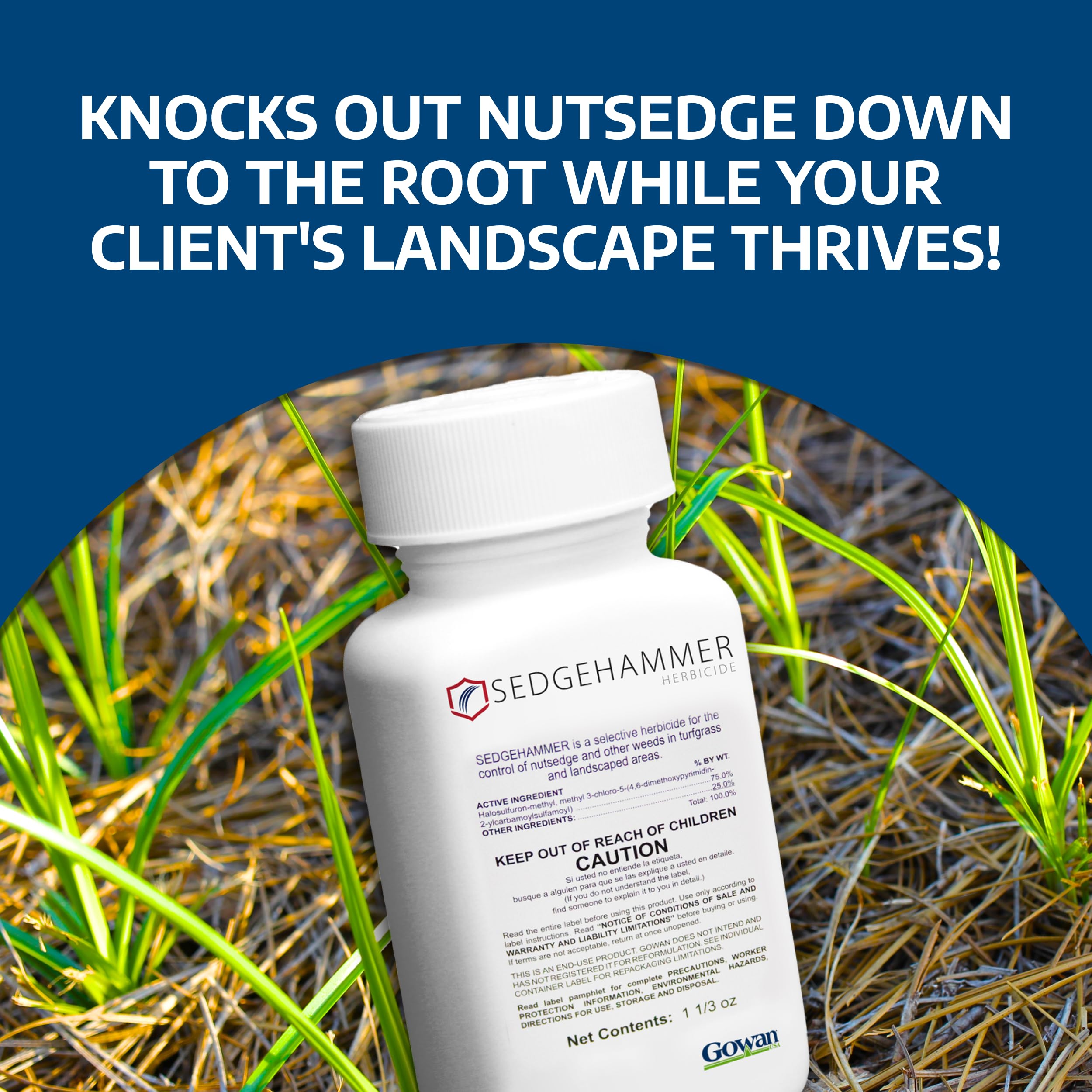 Sedgehammer label close-up with product details for safe lawn weed treatment.