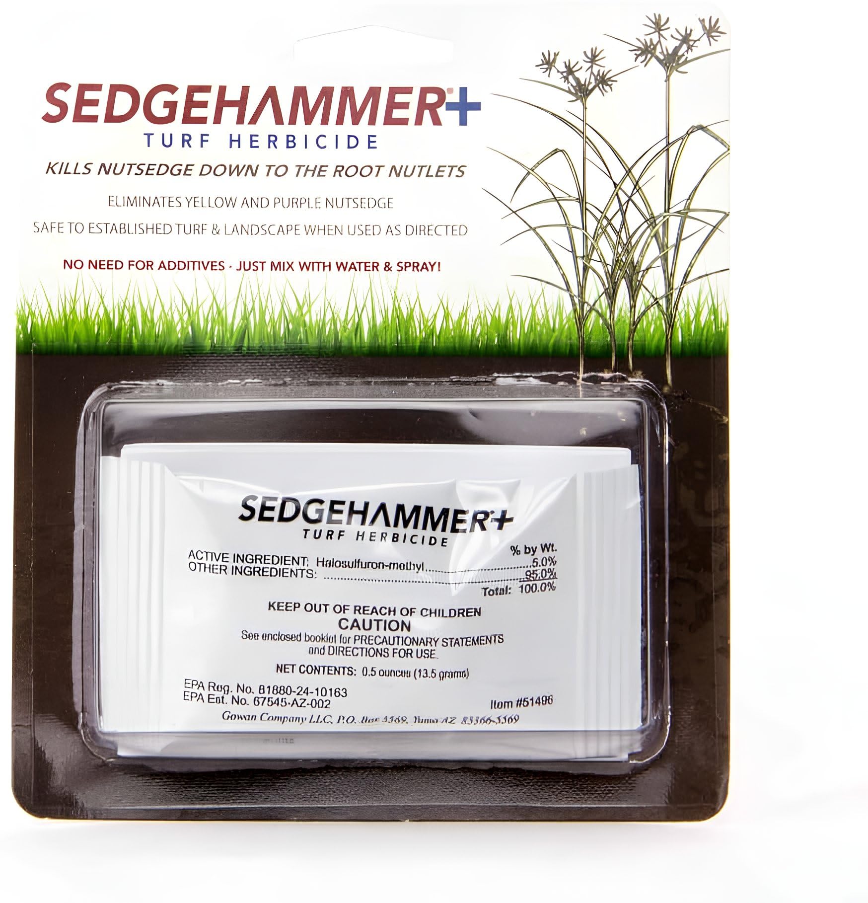 Sedgehammer Plus 13.5g pack ready for lawn treatment targeting nutsedge quickly.