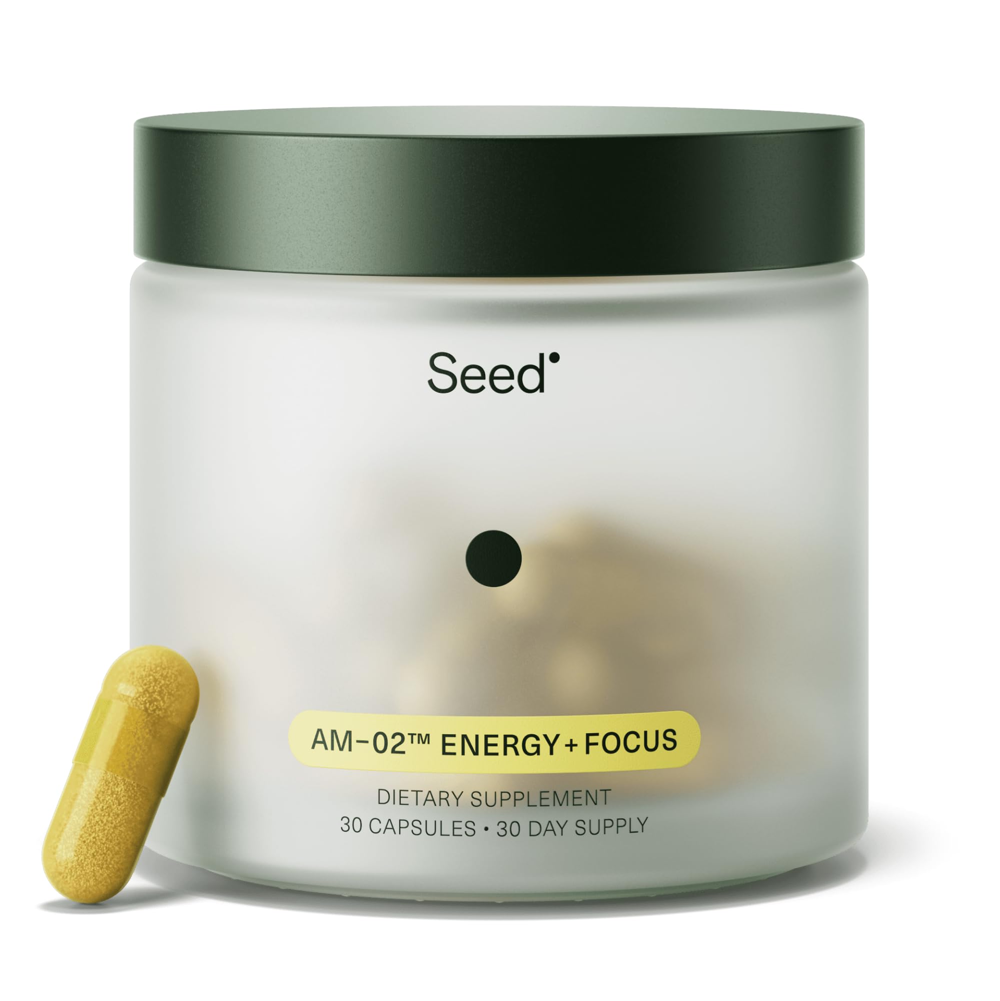 Seed AM-02 Energy + Focus bottle on shelf for sustained daytime energy.