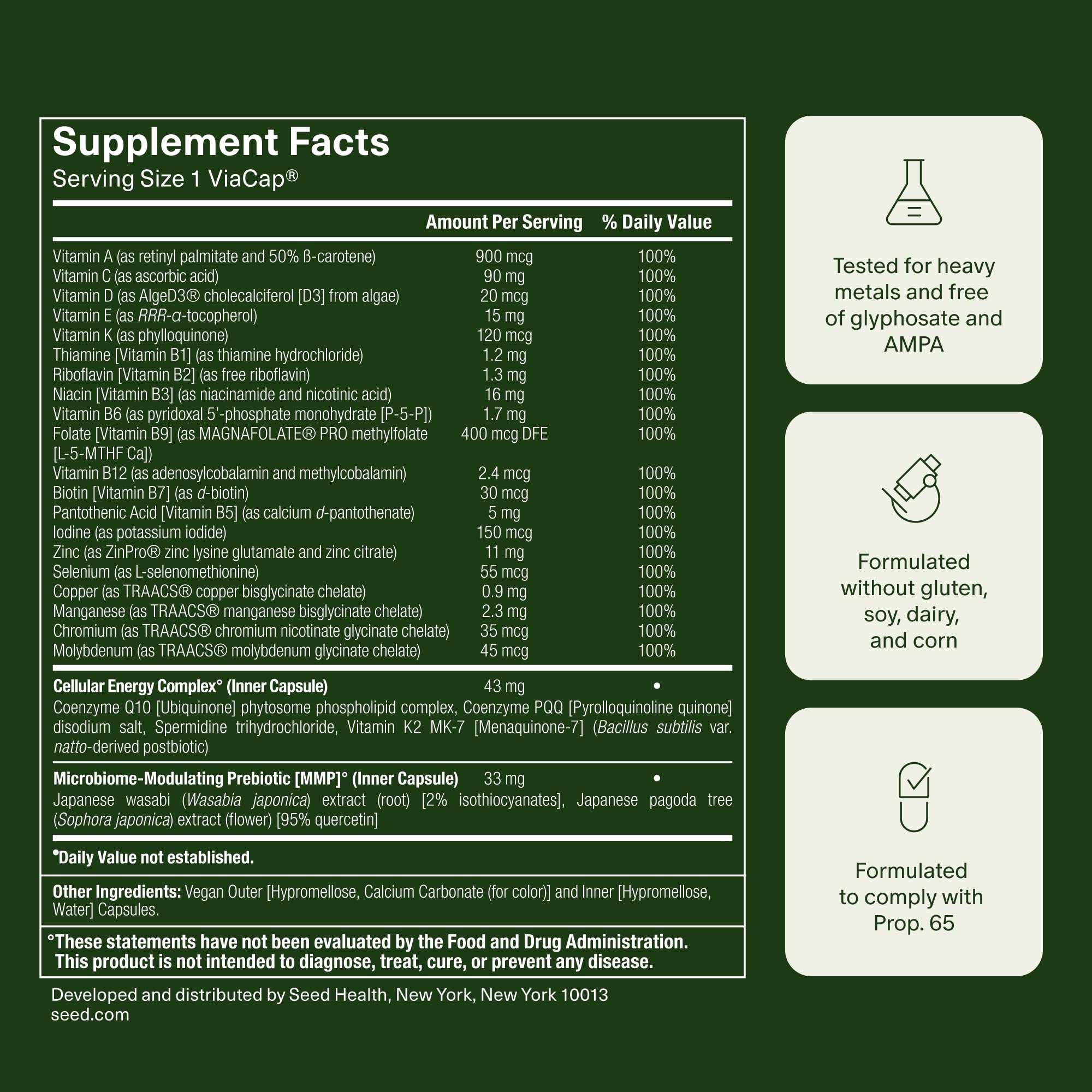 Seed DM-02 ingredients list close-up - 20 essential vitamins and minerals.