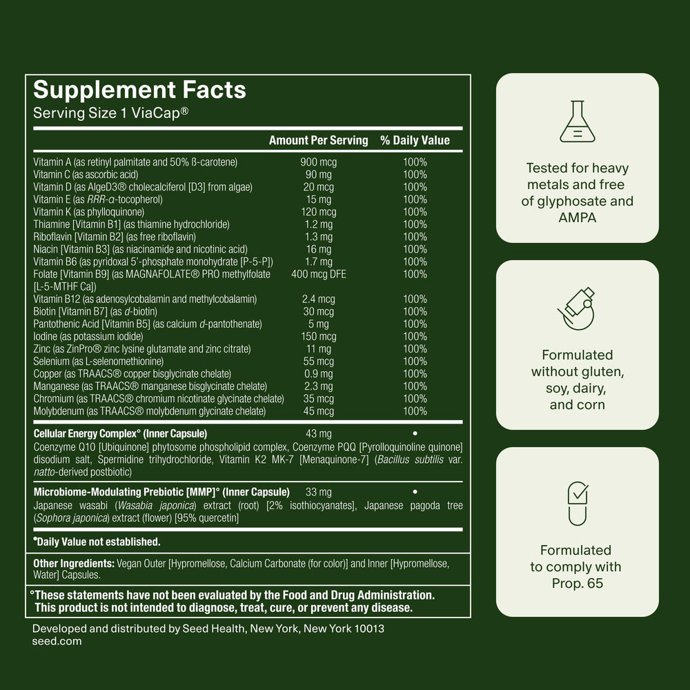Seed DM-02 ingredients list close-up - 20 essential vitamins and minerals.