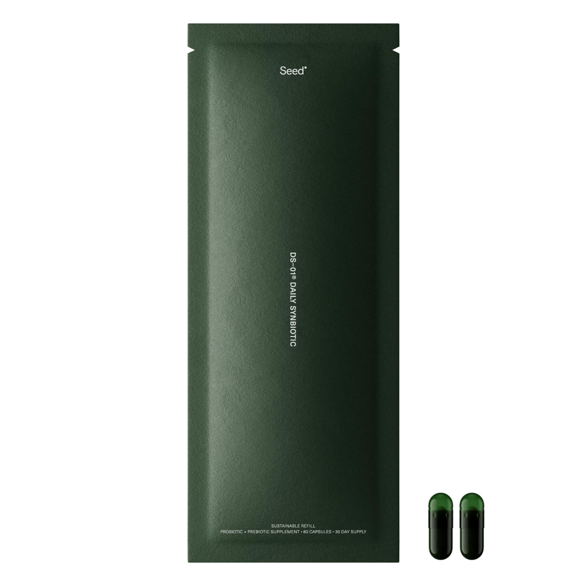 Seed DS-01 daily synbiotic bottle showing vegan, shelf-stable packaging for digestive balance
