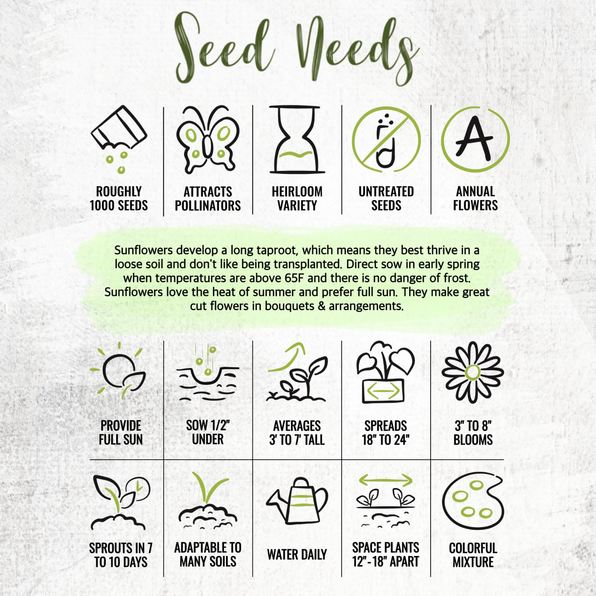 Packet artwork for Seed Needs Crazy Blend with sowing instructions.