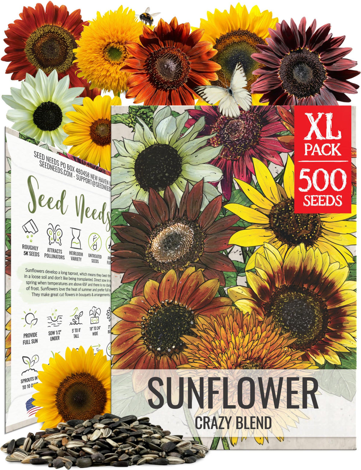 Seed Needs Crazy Blend seed packet cover with colorful sunflower varieties for a vibrant garden.