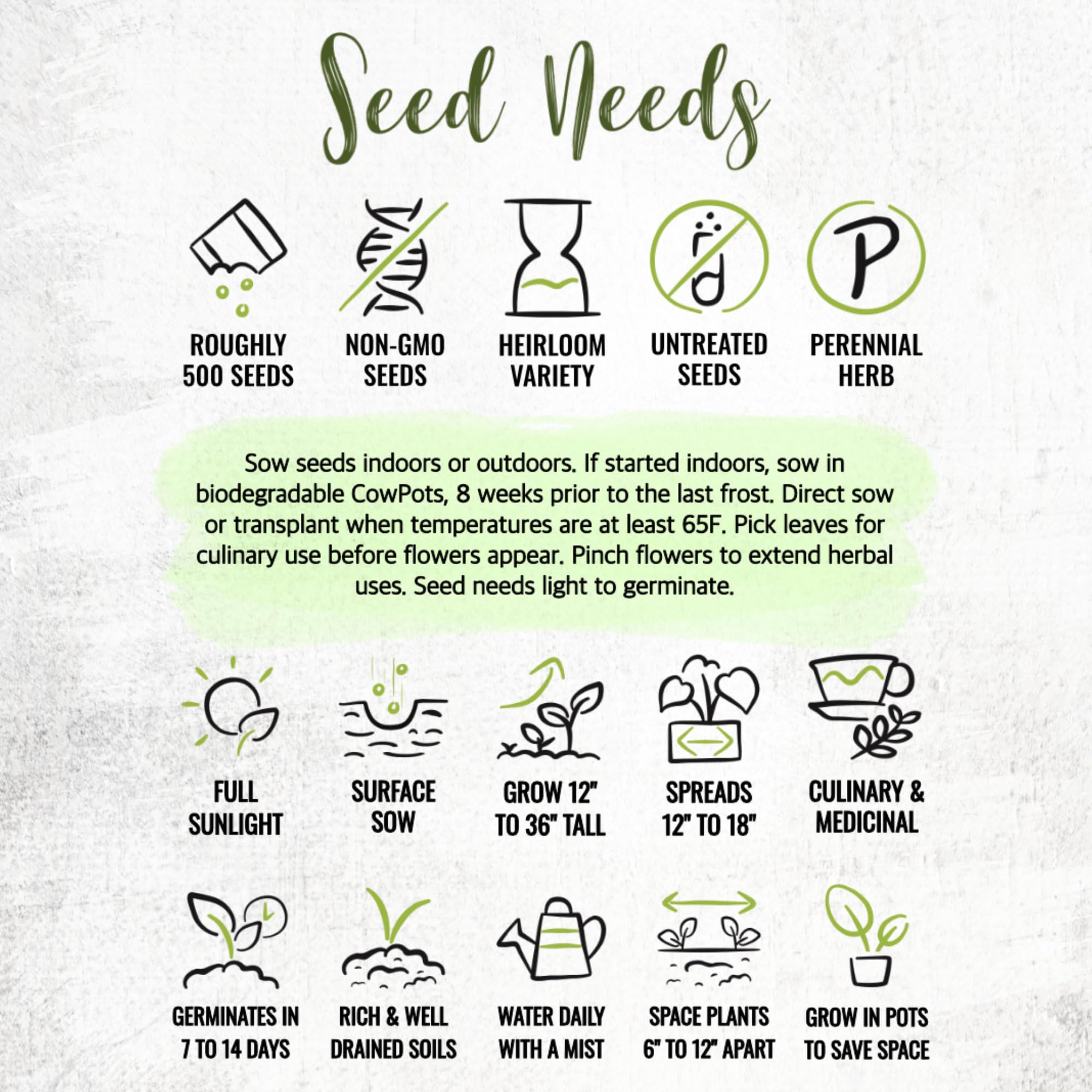 Seed Needs lemon balm seed packets include sowing instructions and illustrations