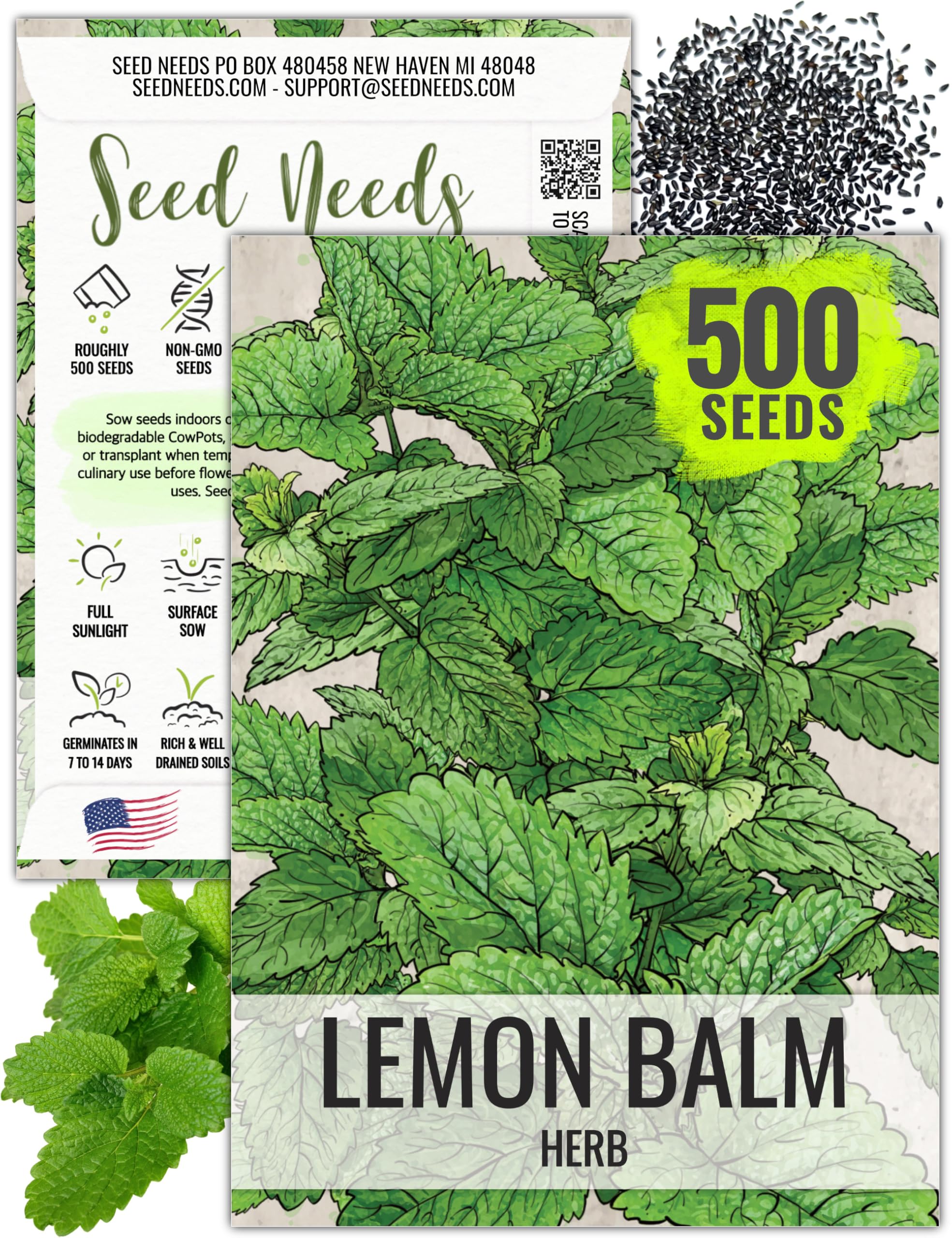 Seed Needs lemon balm seeds packaging with sowing details for easy planting