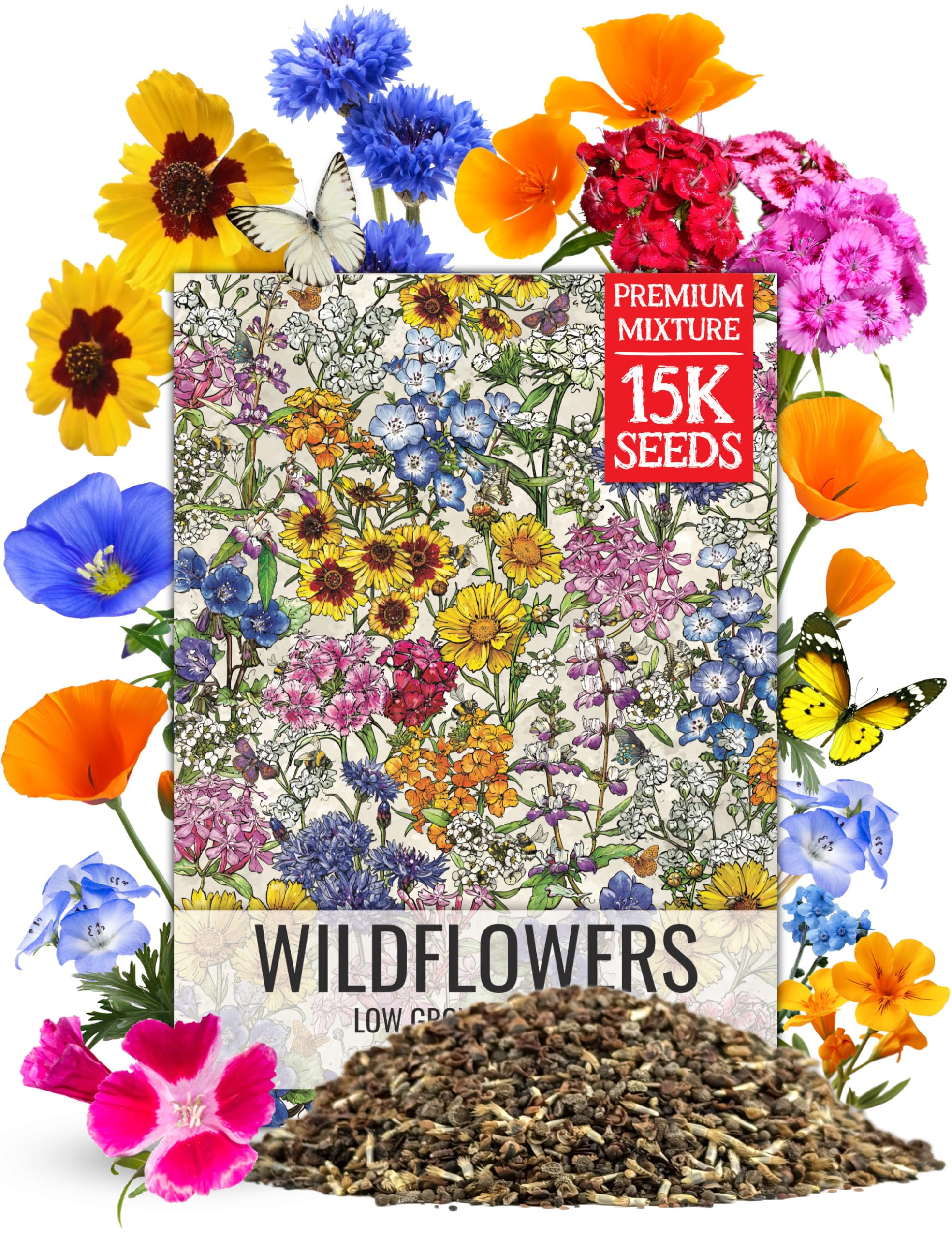 Seed Needs low-growing wildflower blend seed pack front shows vibrant pollinator-friendly colors.