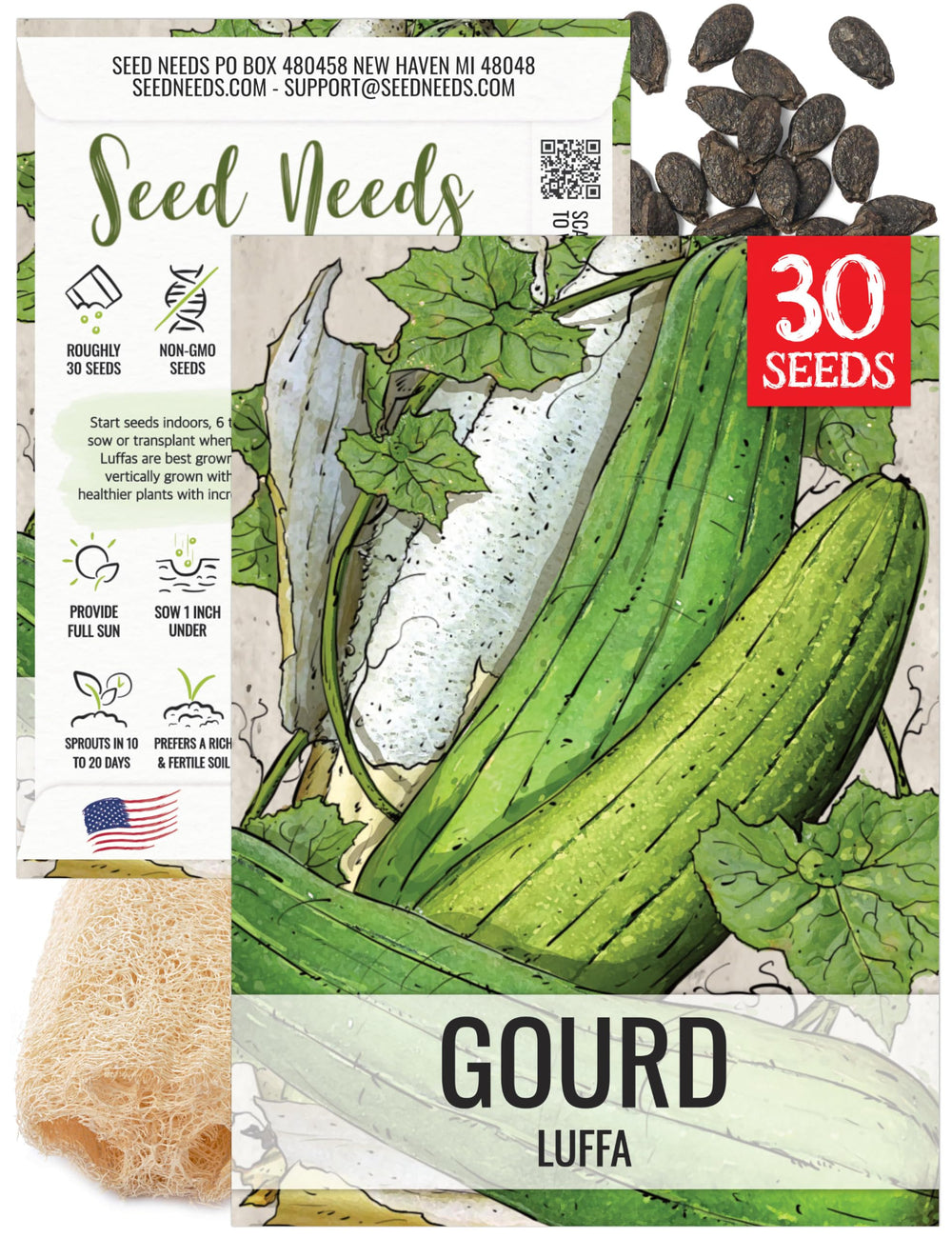 Seed Needs Luffa seeds packaging showing heirloom quality for home gardens.