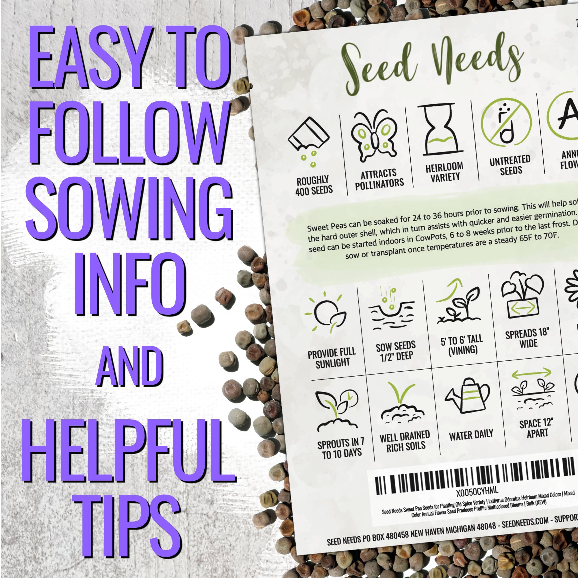 Seed Needs Old Spice Sweet Peas color mix blooms pink purple blue white