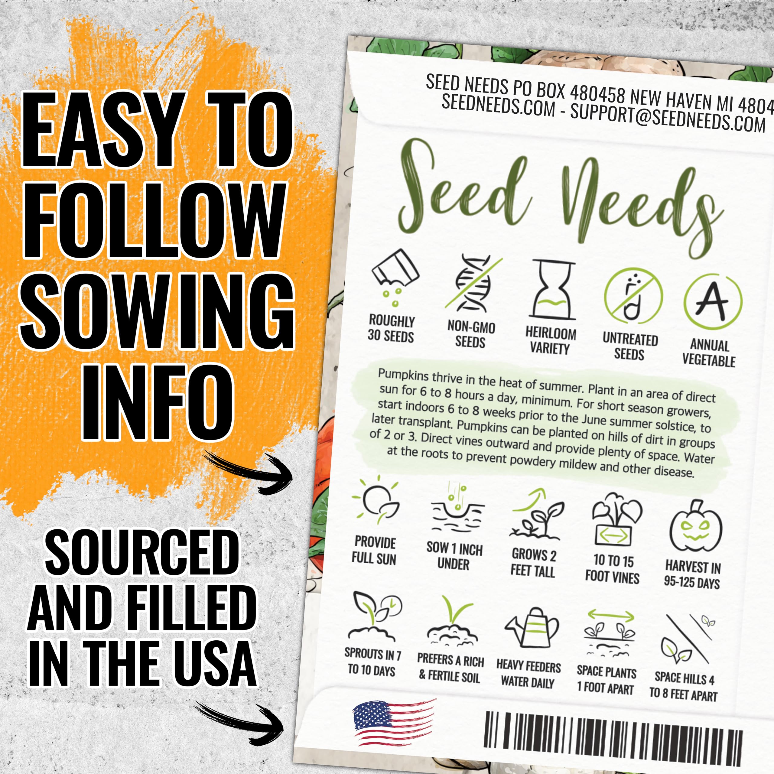 Seed Needs pumpkin seeds close-up highlights Jack O' Lantern and Cinderella gourds.