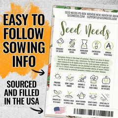 Seed Needs pumpkin seeds close-up highlights Jack O' Lantern and Cinderella gourds.