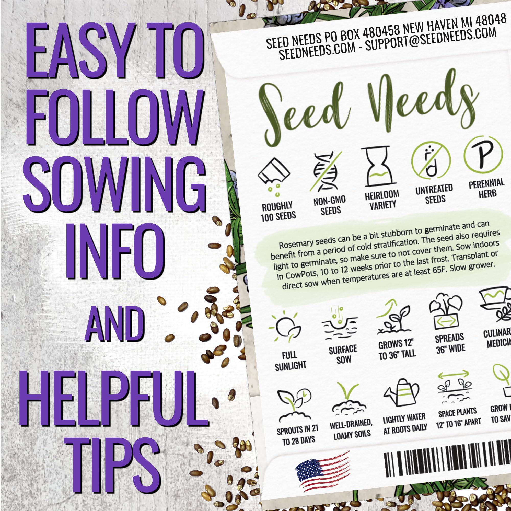 Seed Needs rosemary needle-like leaves close-up highlight herb texture