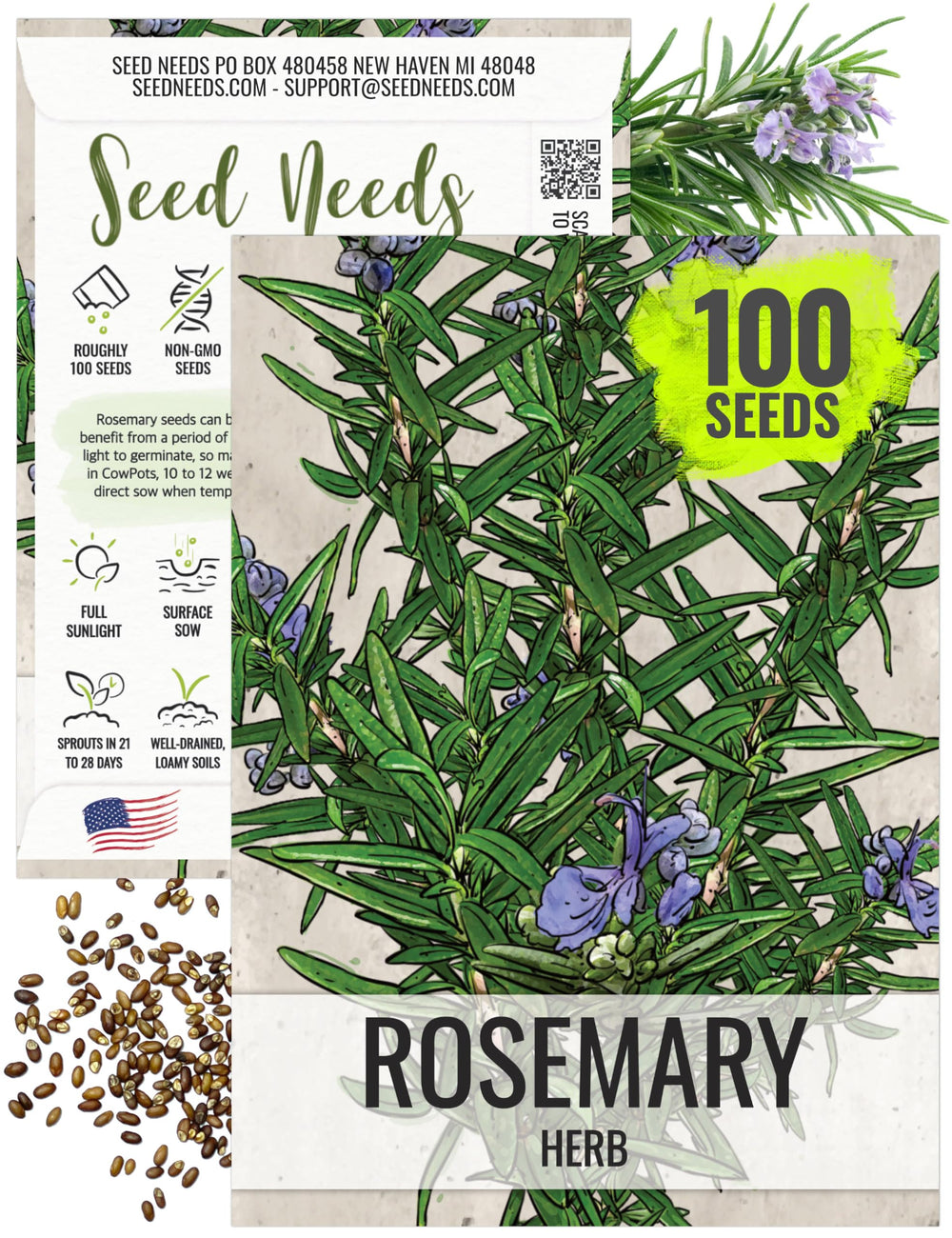 Seed Needs rosemary seeds packet front with sowing tips for home gardens