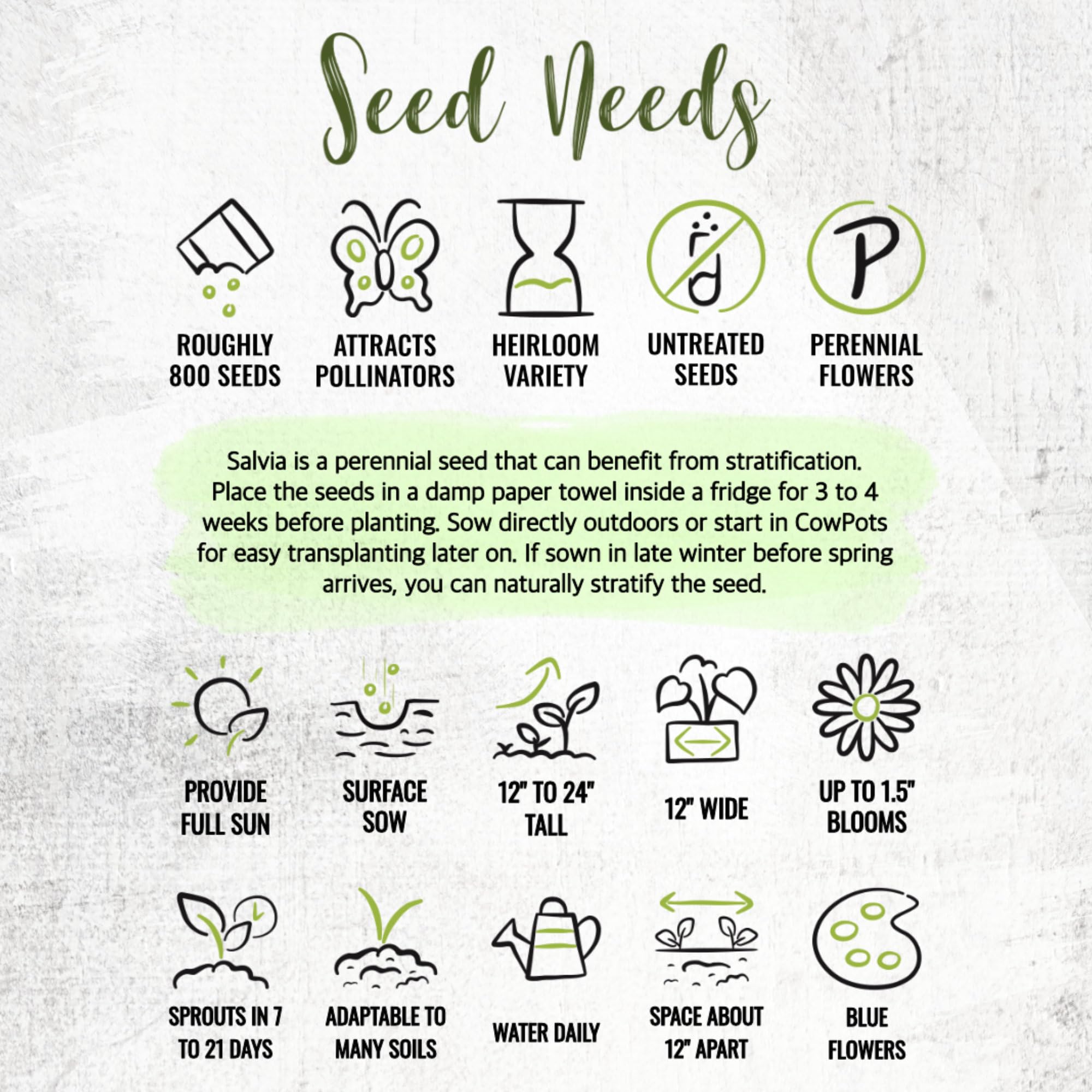 Fresh, moisture-resistant Seed Needs packaging preserves seed viability.