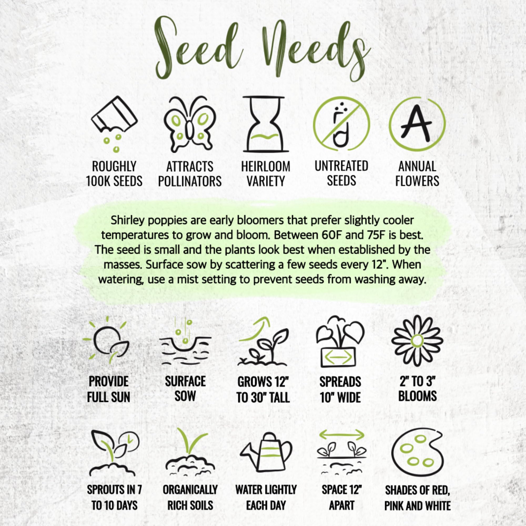 Seed Needs Shirley Mixed Poppy Seeds resealable packaging for freshness
