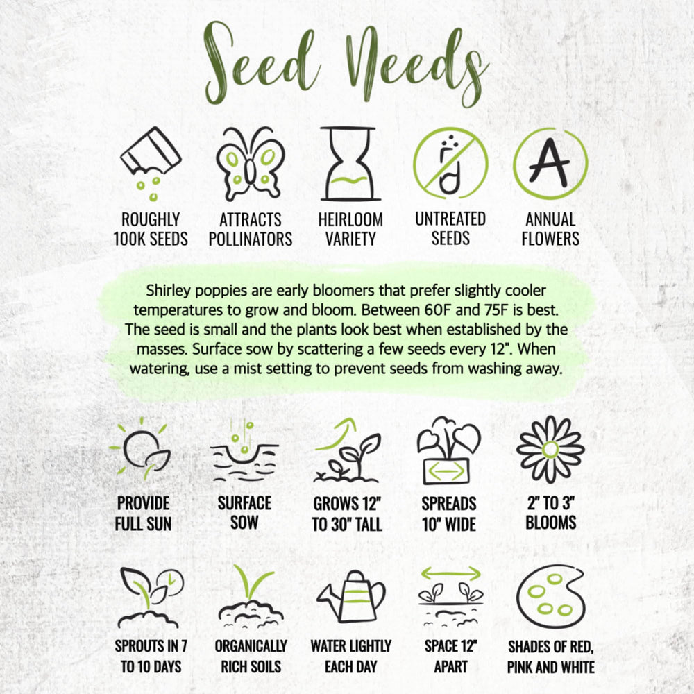 Seed Needs Shirley Mixed Poppy Seeds resealable packaging for freshness