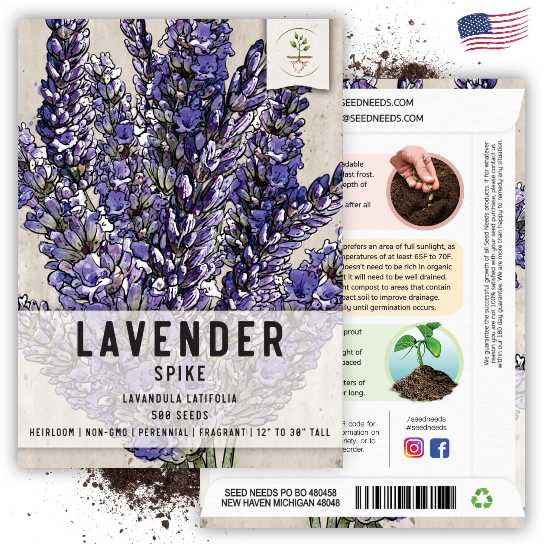 Seed Needs sowing guide shows spacing and depth for lavender