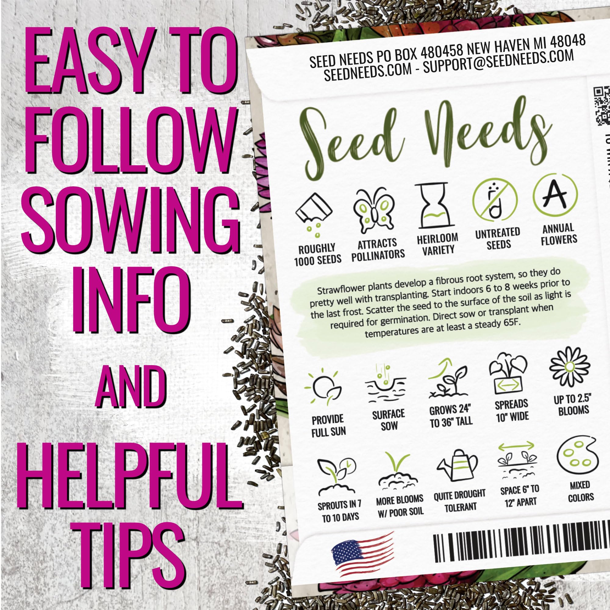 Seed Needs strawflower sowing guide demonstrates quick germination and prolific blooming.