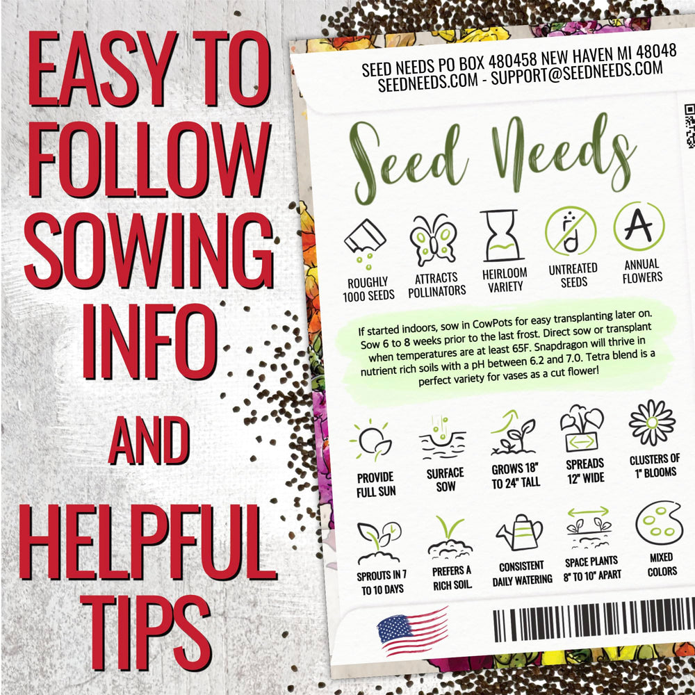 Seed Needs Mixed Tetra Snapdragon color mix featuring pink, purple, red, yellow and white.