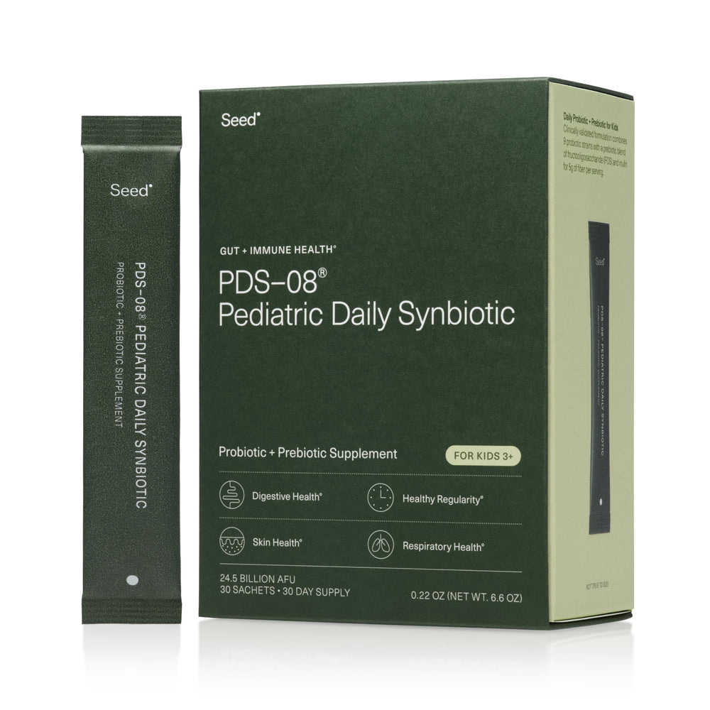 Seed PDS-08 kids synbiotic sachets for daily digestive support.