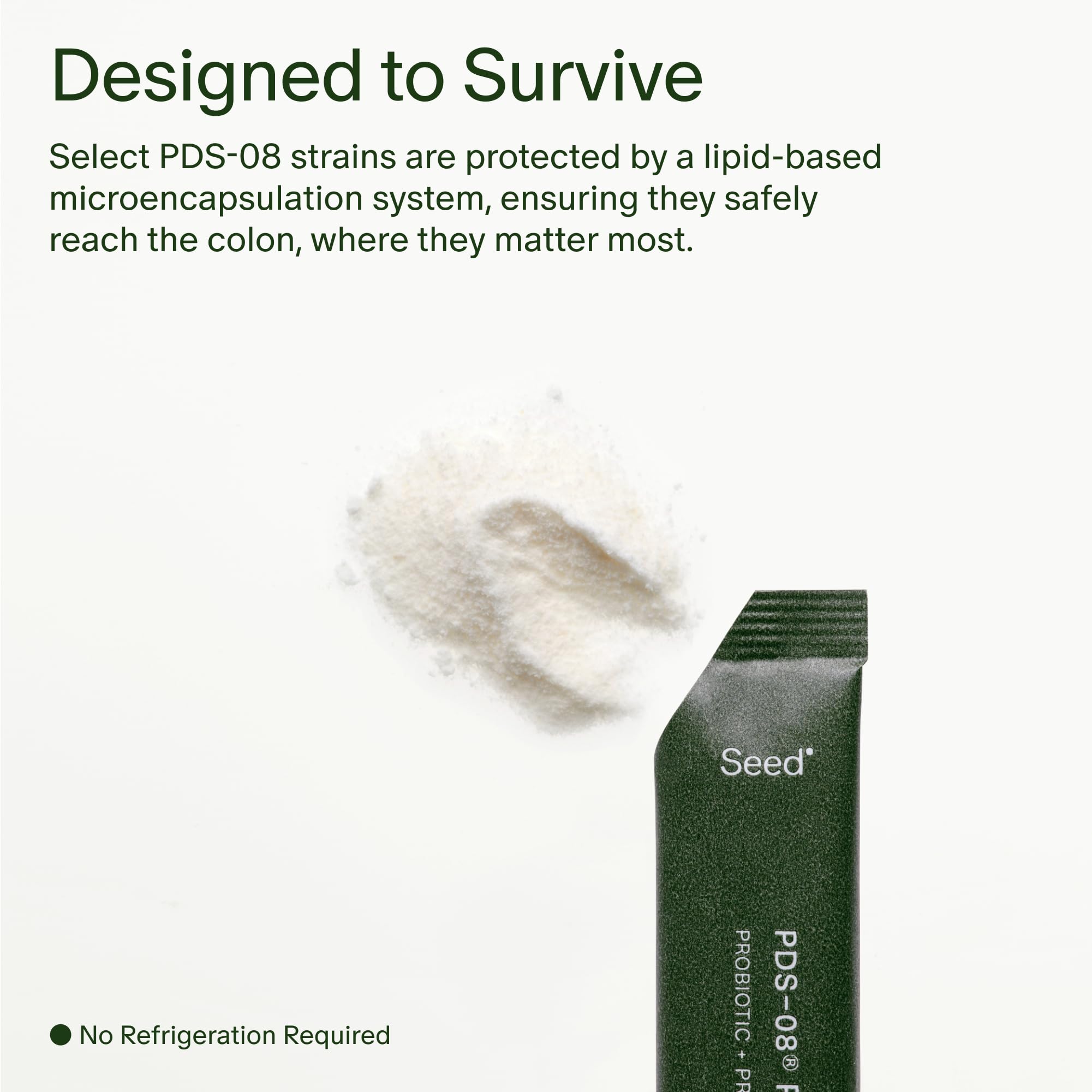 Seed PDS-08 vegan shelf-stable sachets for convenient supplementation.