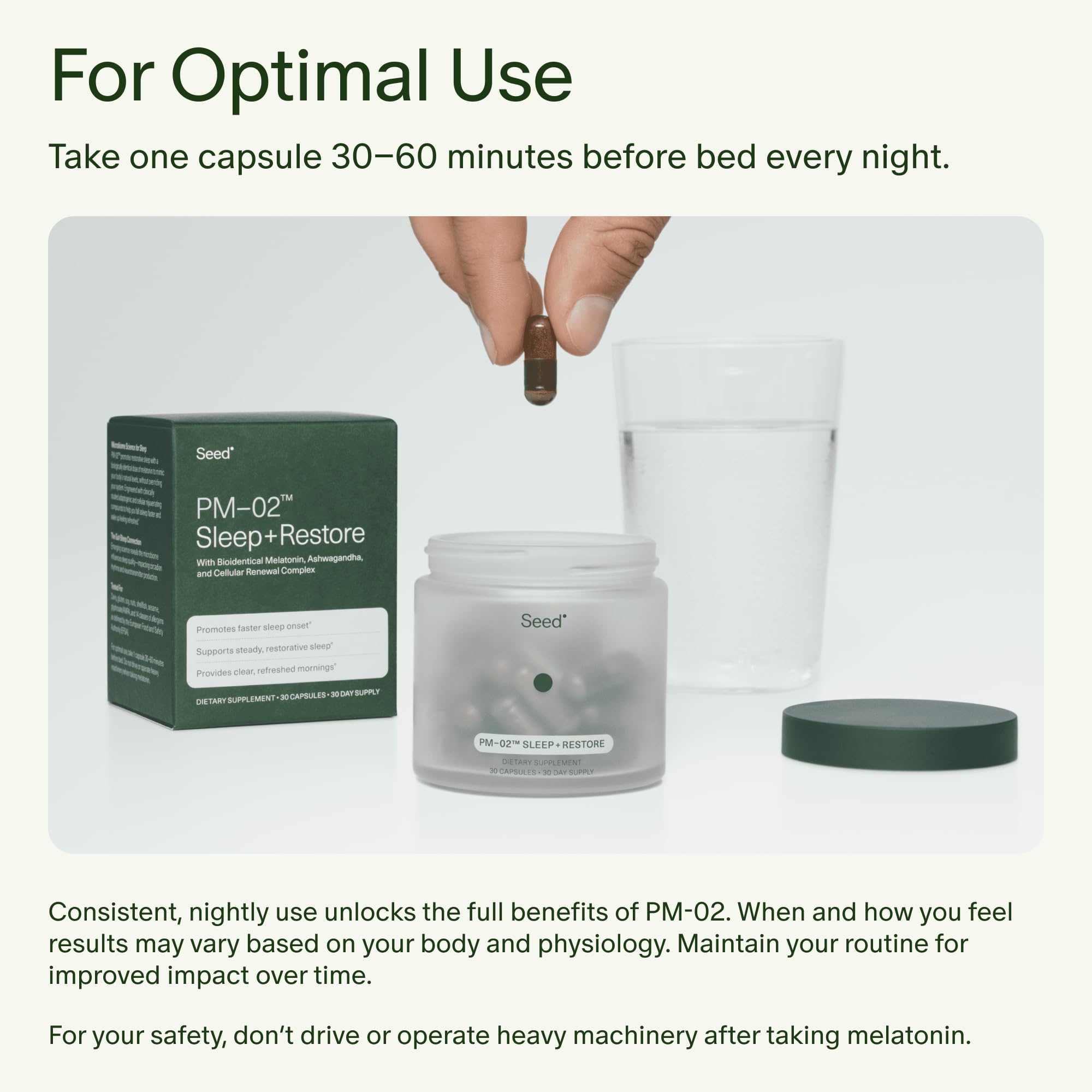 Seed PM-02: take one capsule before bed instruction.