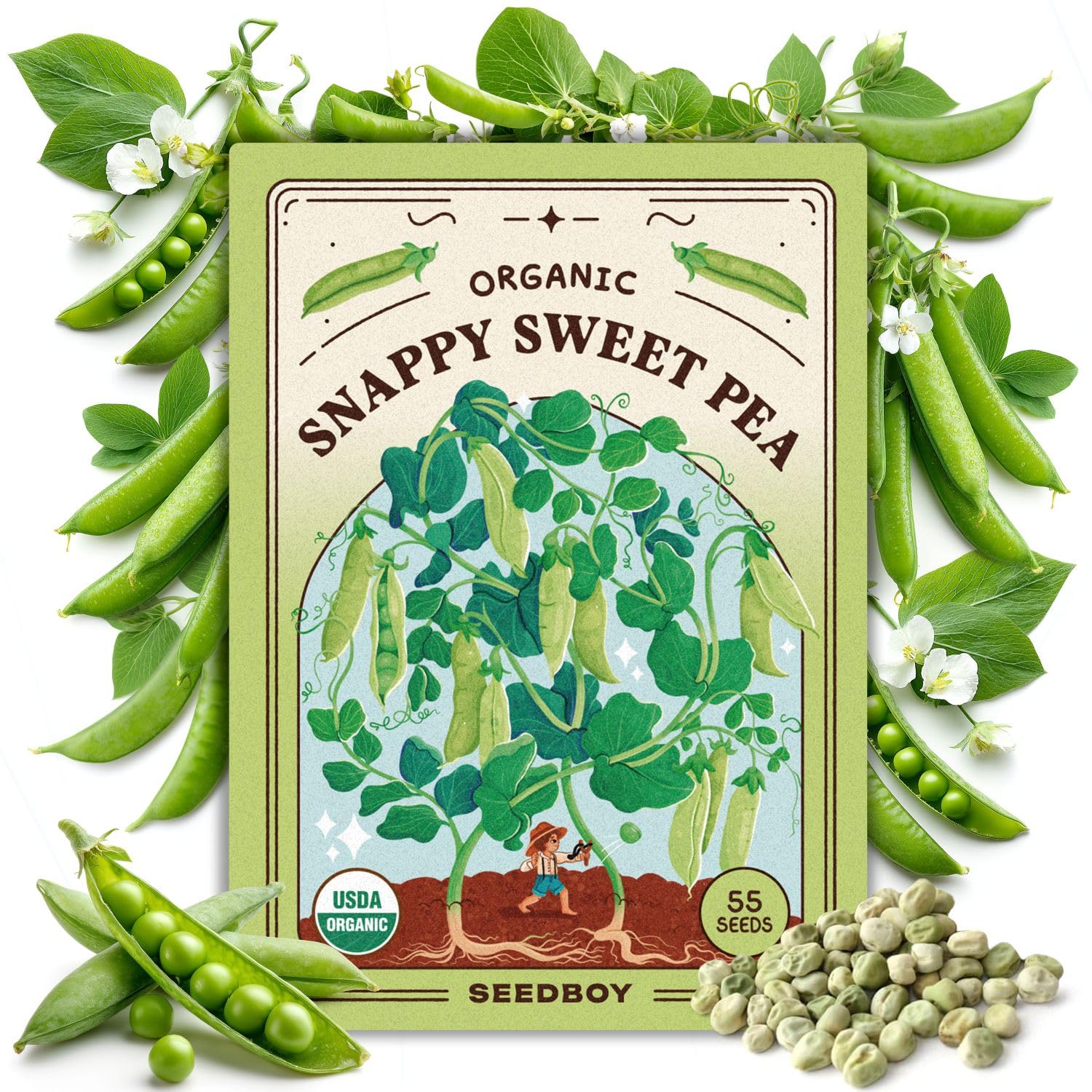 Seedboy Sugar Snap Pea seeds packet front shows organic quality for home gardens.
