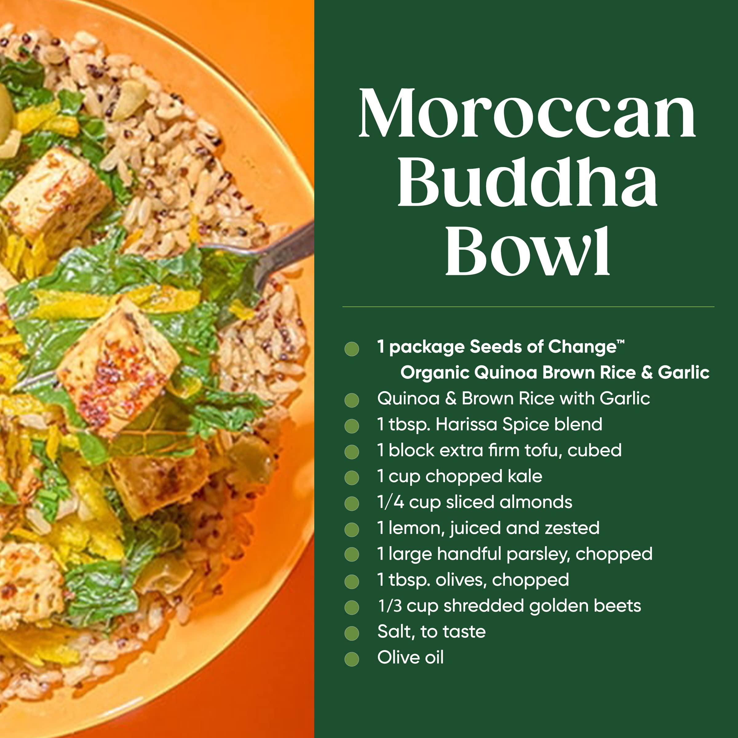 SEEDS OF CHANGE quinoa and brown rice with garlic close-up, aroma promises flavor.