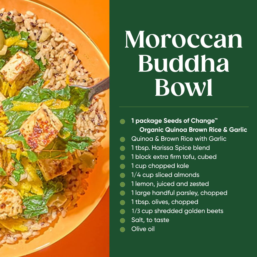 SEEDS OF CHANGE quinoa and brown rice with garlic close-up, aroma promises flavor.
