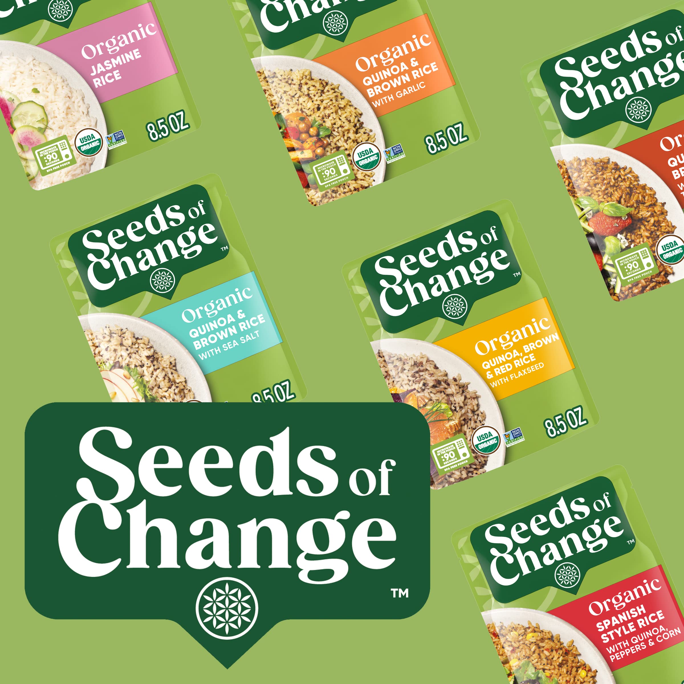 SEEDS OF CHANGE organic quinoa and brown rice with garlic label verifies organic quality.