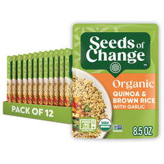 SEEDS OF CHANGE packaging for Organic Quinoa and Brown Rice with Garlic, ready for quick meals.