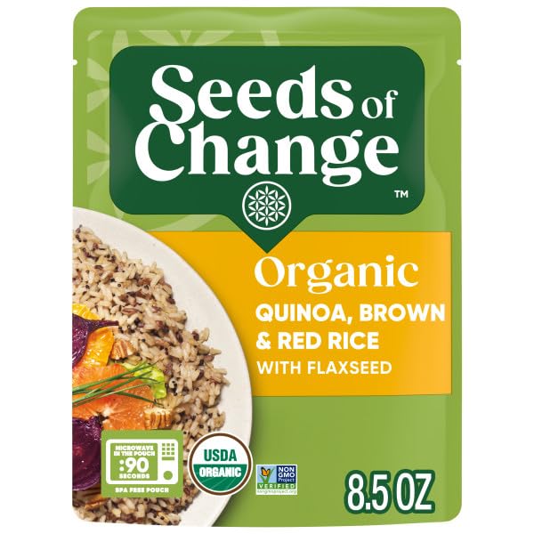 Close-up of quinoa, brown rice, red rice and flaxseed texture