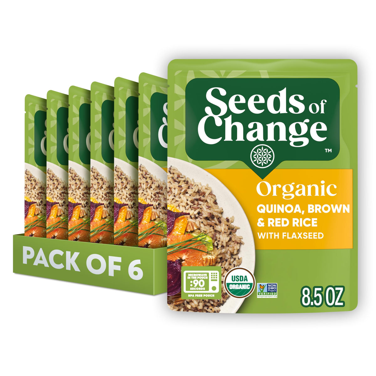 SEEDS OF CHANGE packaging showing quinoa, brown and red rice with flaxseed ready to heat