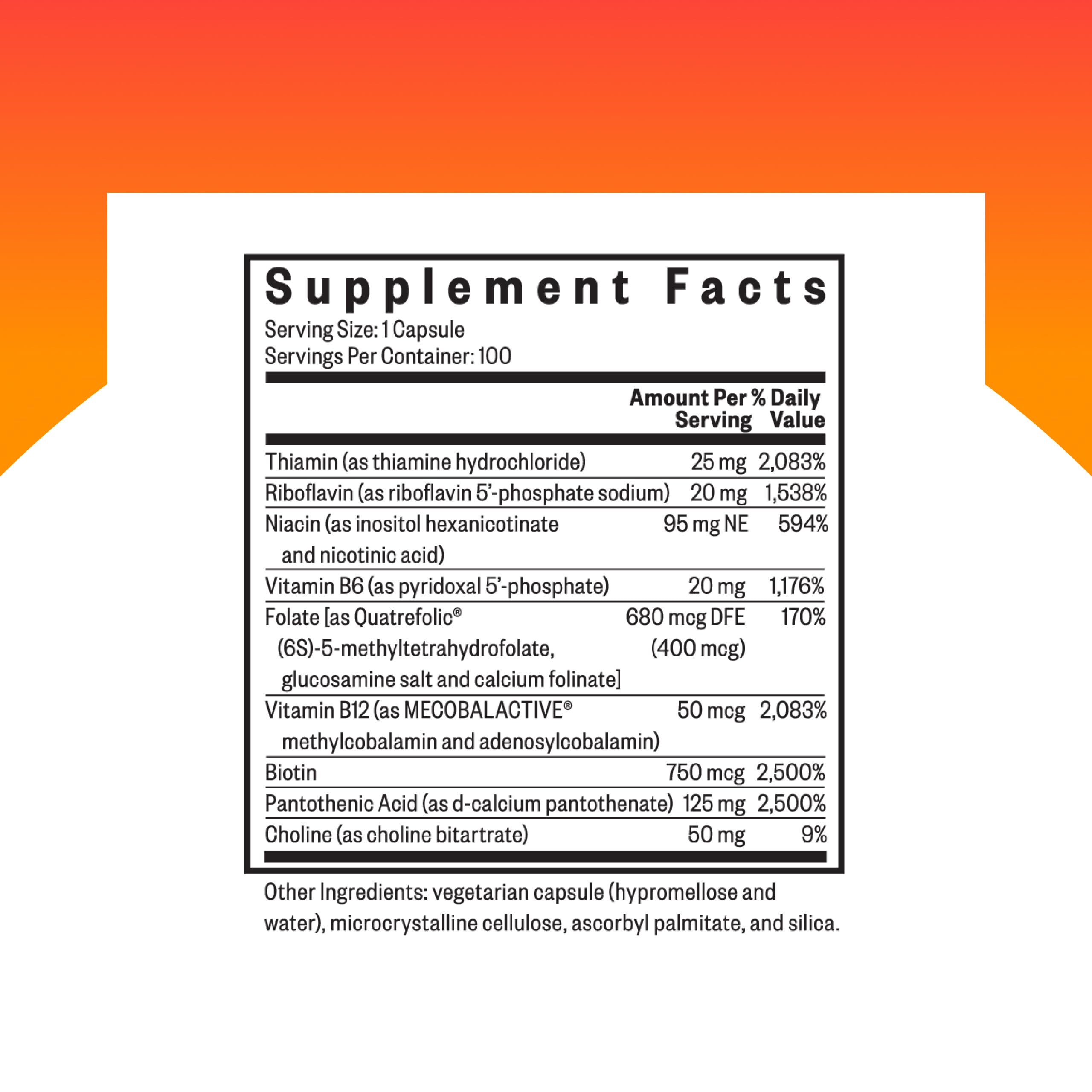 Seeking Health B Complex Plus label close-up showing choline and riboflavin details
