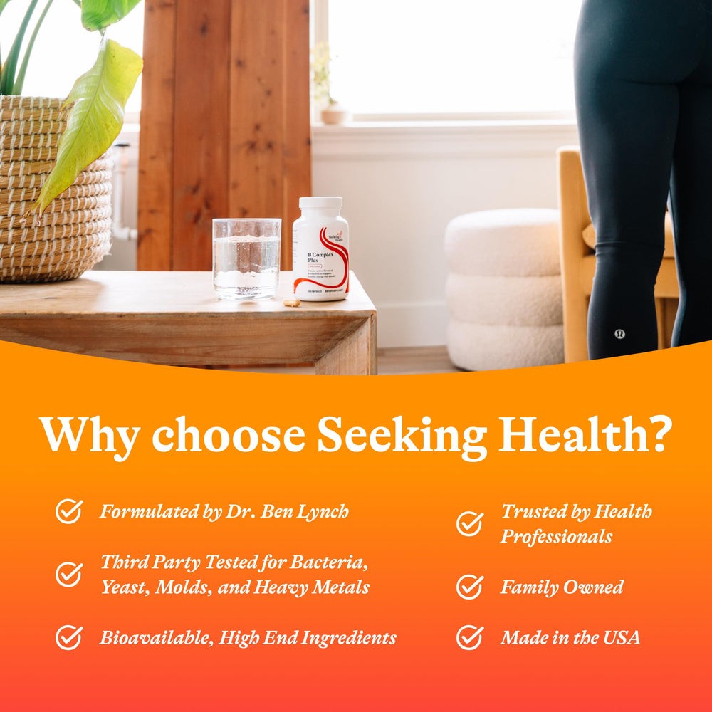 Capsules close-up of Seeking Health B Complex Plus ready with water