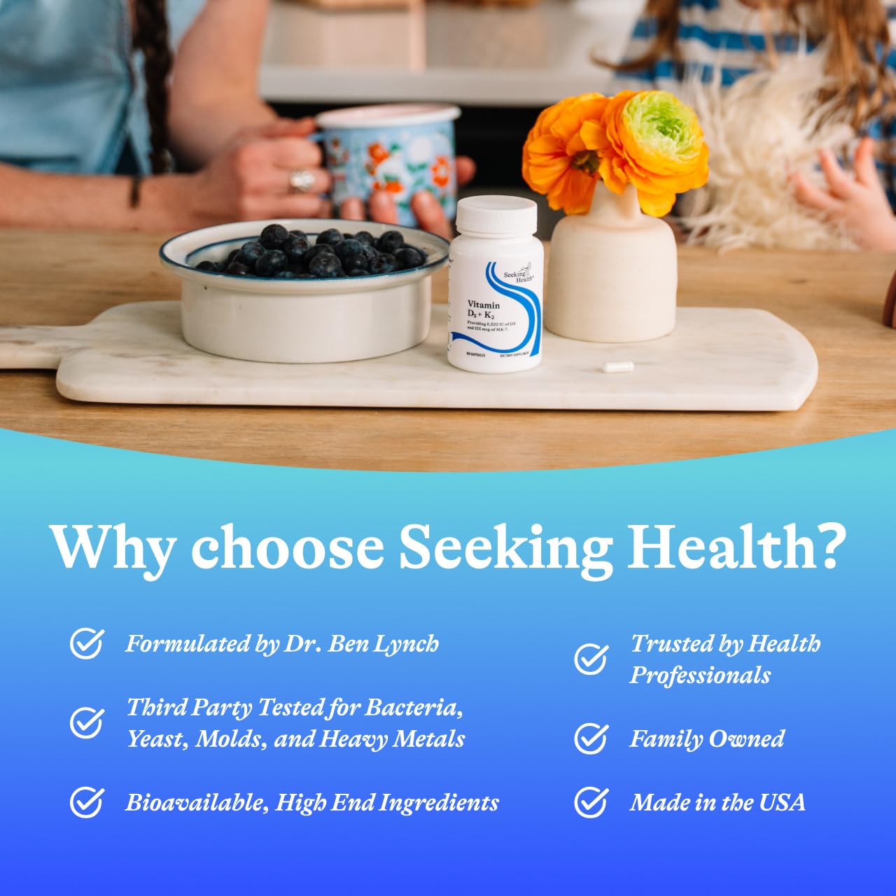 Label with dosage guidance for D3 and K2 and non-GMO certification.