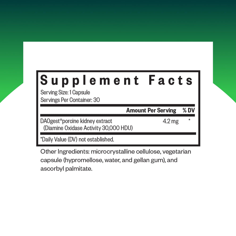 Seeking Health DAO Enzyme bottle label detailing ingredients and allergen-free status