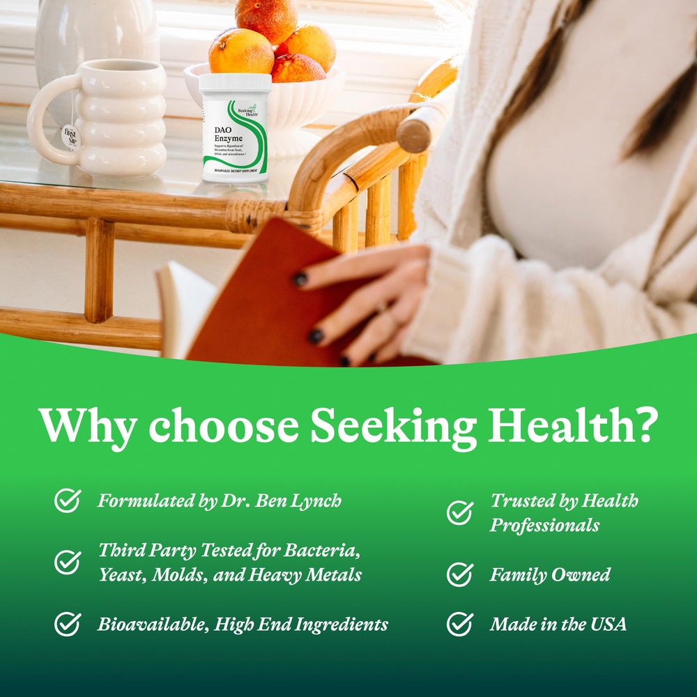 Seeking Health DAO Enzyme bottle on neutral background highlighting allergen-free formula