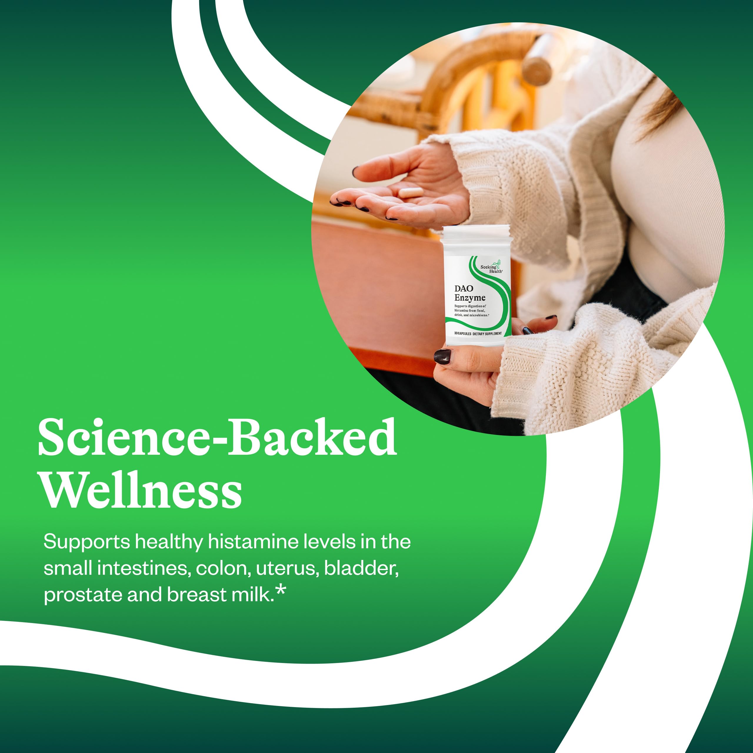 Seeking Health DAO Enzyme bottle being poured for convenient dosing