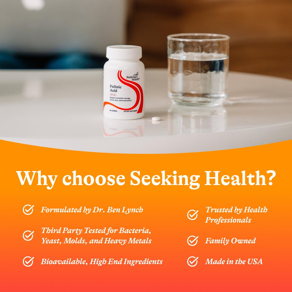 Seeking Health folinic acid 1360mcg daily-use image suggests simple daily routine