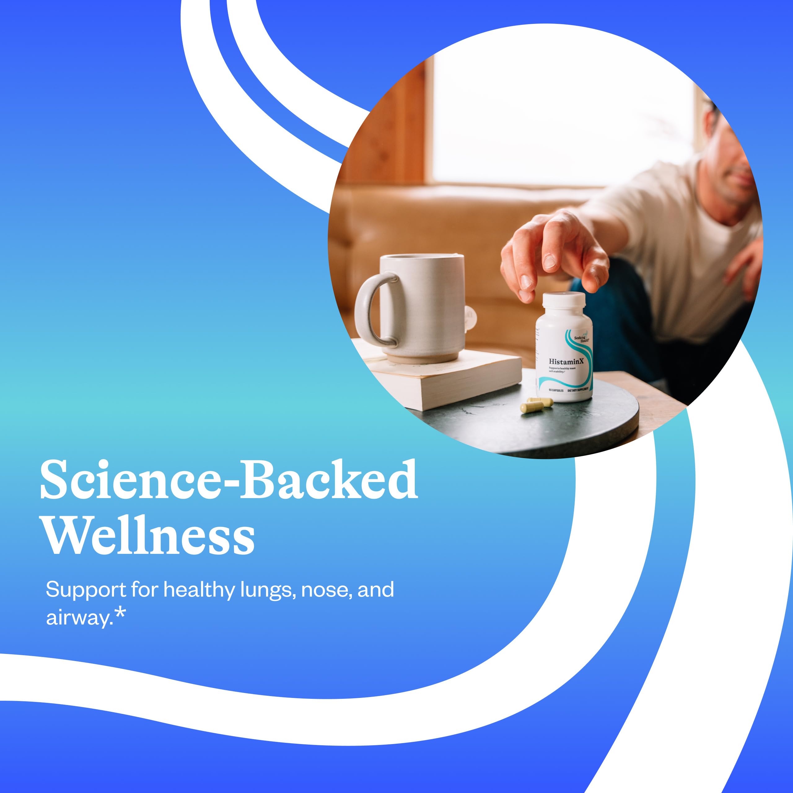 Seeking Health HistaminX ingredients bottle shows quercetin and other flavonoids for seasonal comfort