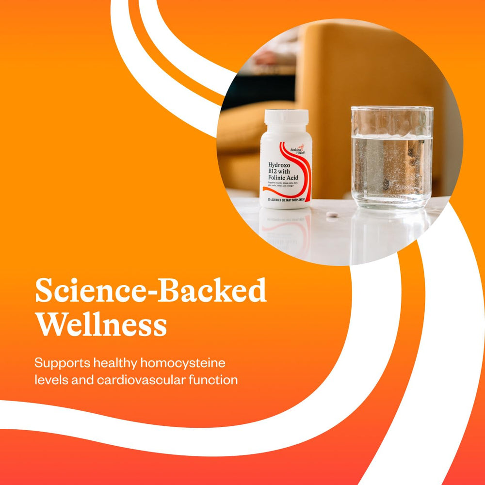 Close-up of ingredients label featuring folinic acid and methyl-free B12 for wellness.