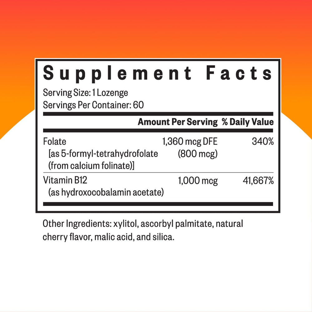 Close-up of lozenge packaging front highlighting folinic acid infusion for methylation support.