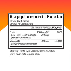 Close-up of lozenge packaging front highlighting folinic acid infusion for methylation support.
