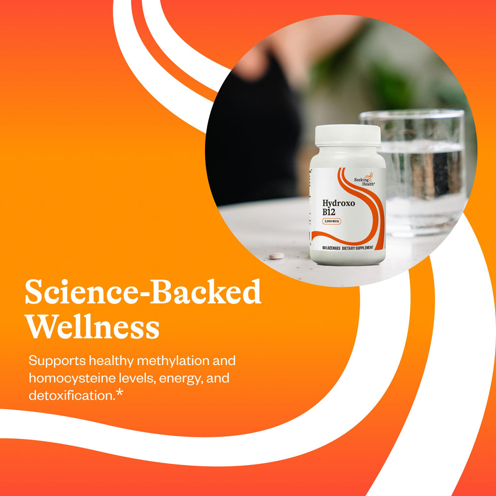 Label on Seeking Health Hydroxo B12 highlights methylation support with folate