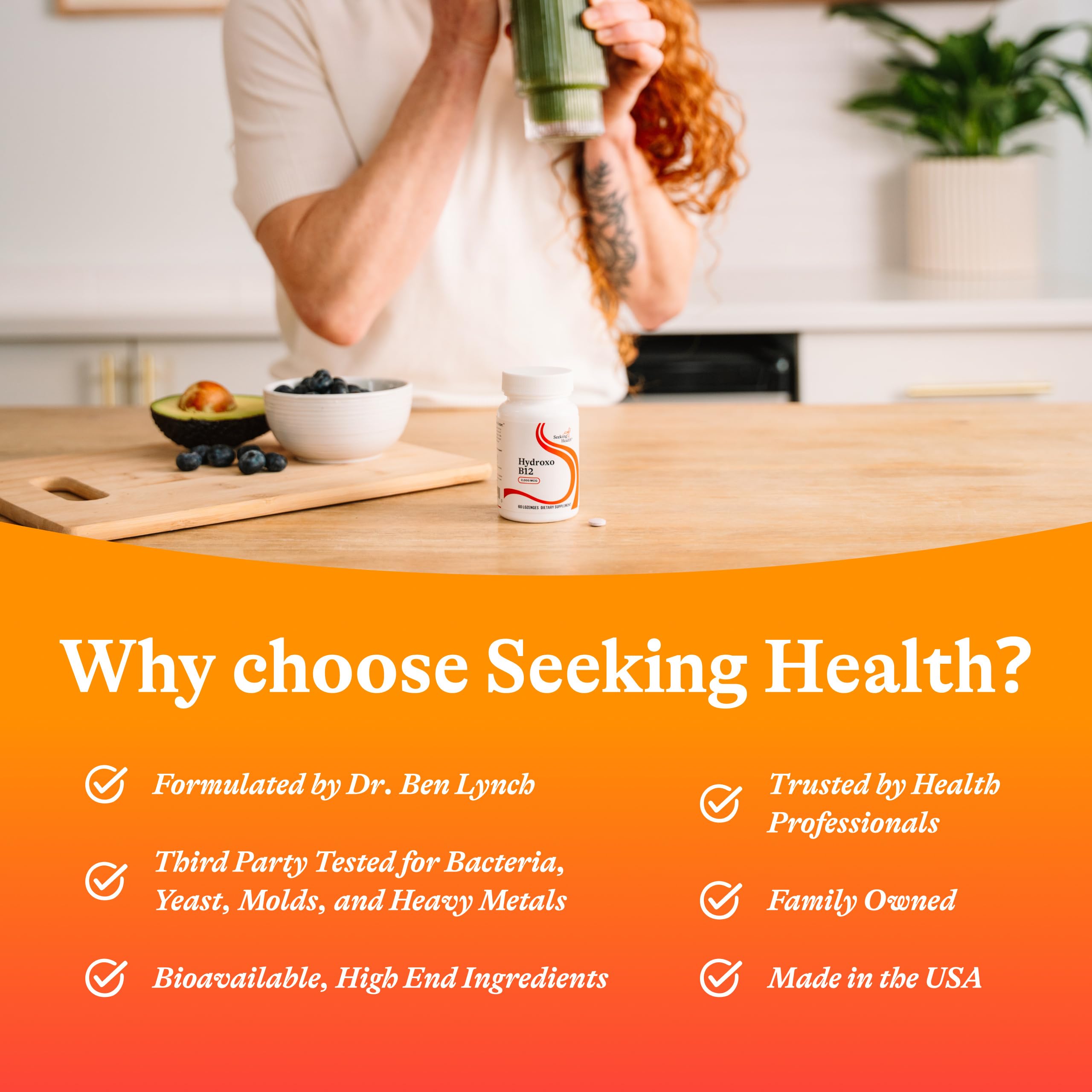 Graphic on Seeking Health Hydroxo B12 packaging emphasizes product safety and quality