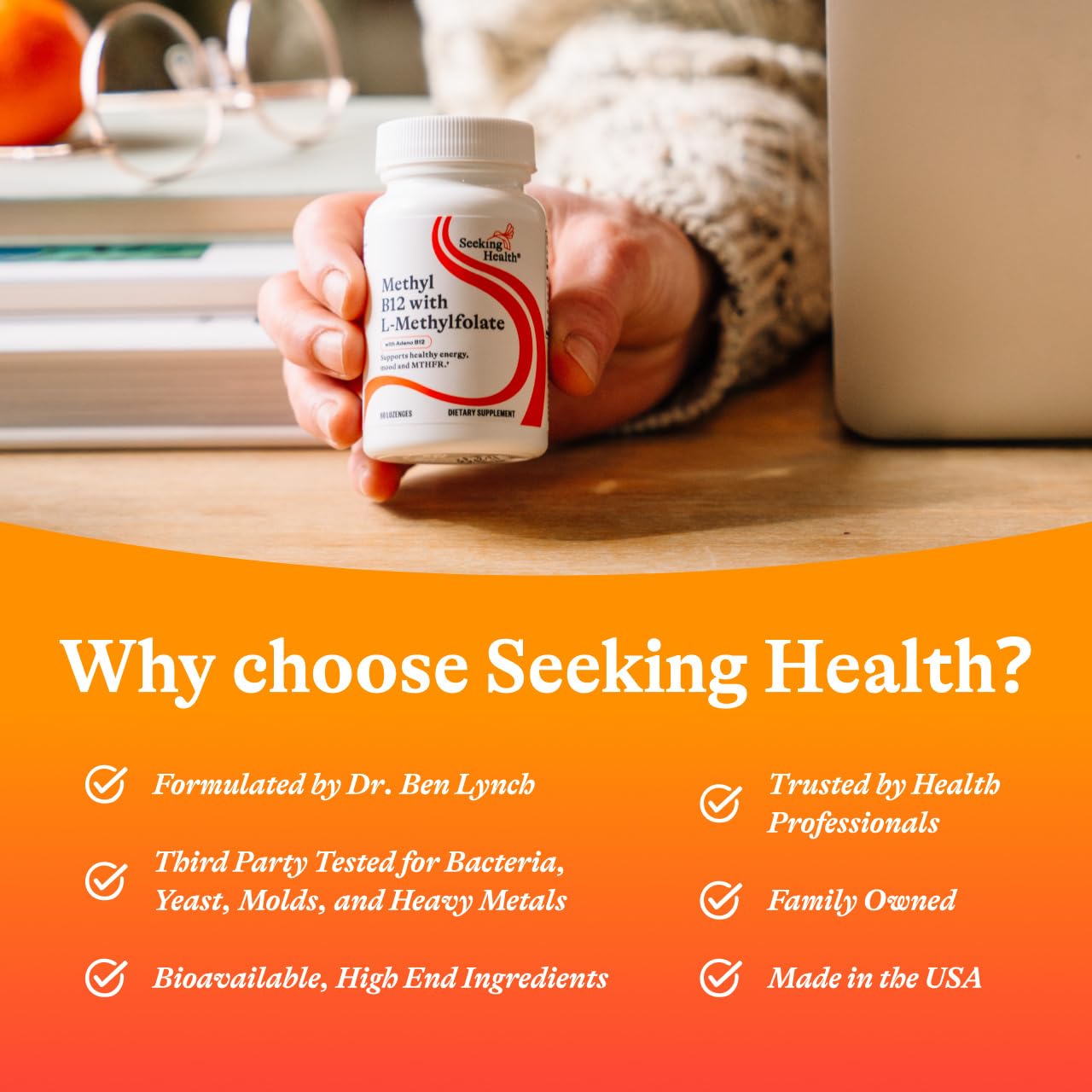 Seeking Health Methyl B12 lozenge closeup shows smooth texture and easy-to-take form.
