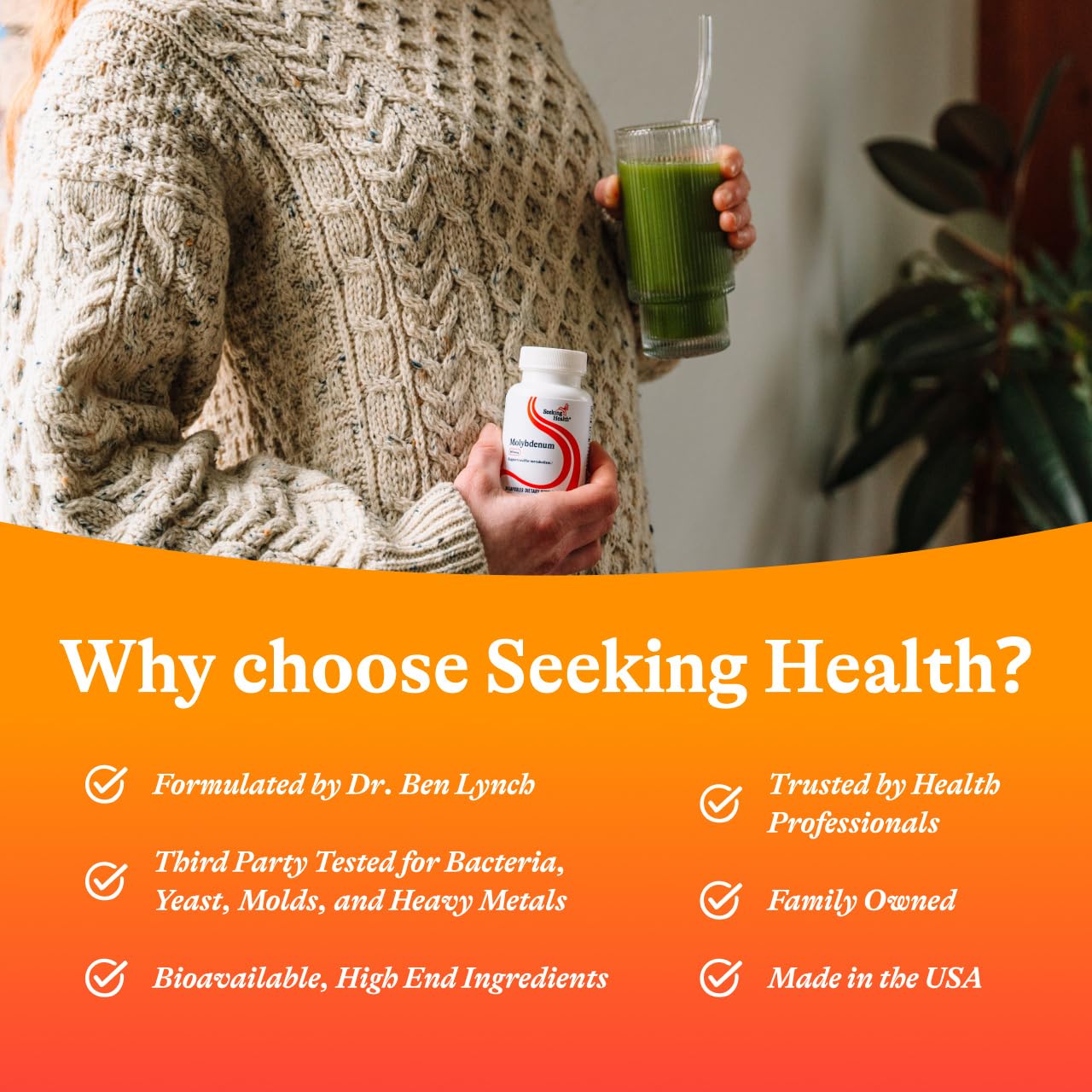 Bottle with dosage guidance illustrating easy administration of Seeking Health molybdenum supplement.